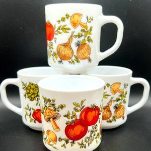 Vtg Milk Glass Arcopal France Spice of Life Veggies Mushroom Tomato Mug Set of 4